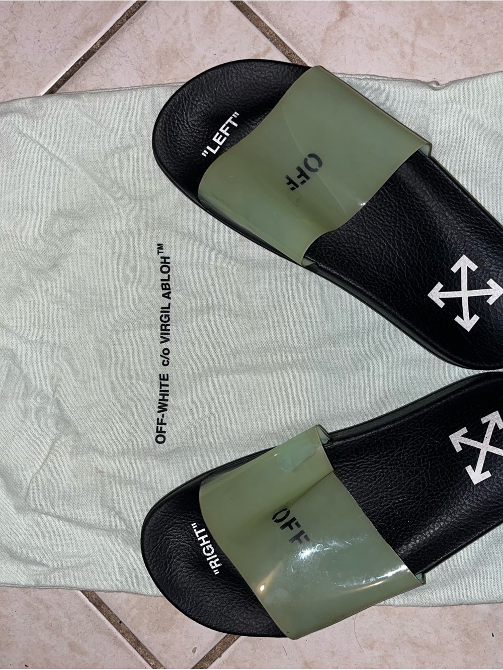 Off-White Black Footbed with Olive Green Translucent Strap Slides